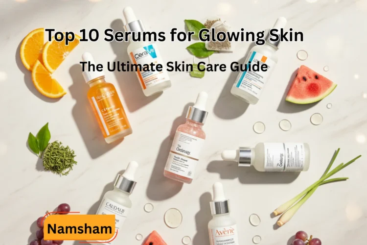 Skin care products and beauty serums on white background