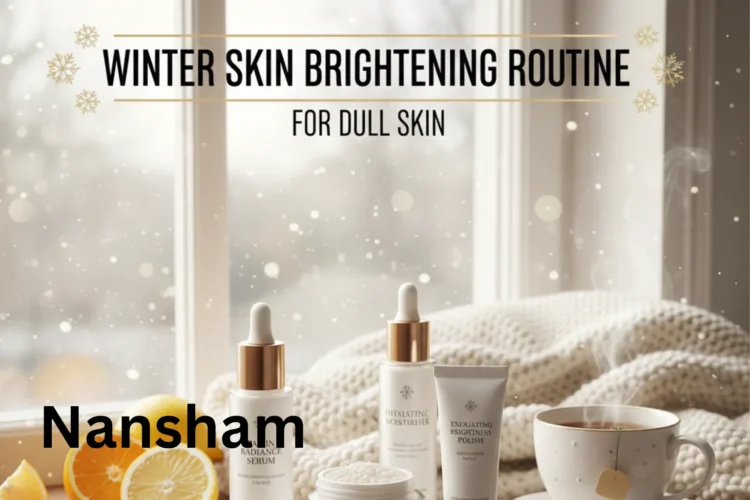 "Woman applying Vitamin C serum as part of a winter skin brightening routine for dull skin.