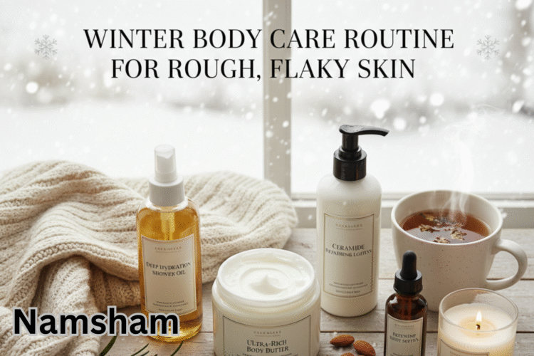 "Woman applying thick moisturizer on dry, rough winter skin during a winter body care routine for rough, flaky skin."
