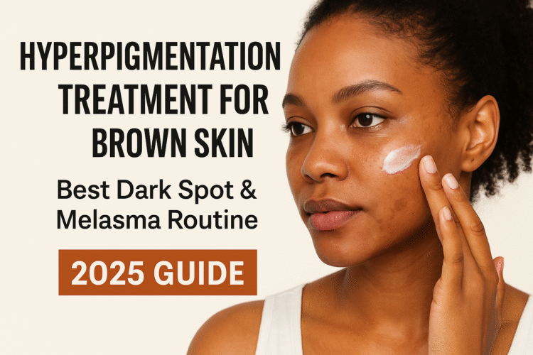 Woman with brown skin applying hyperpigmentation treatment cream on dark spots during a 2025 skincare routine guide.